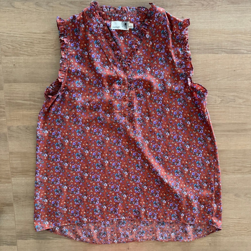 Everleigh Rust Floral Ruffle Sleeveless Blouse V-Neck Top Womens Large